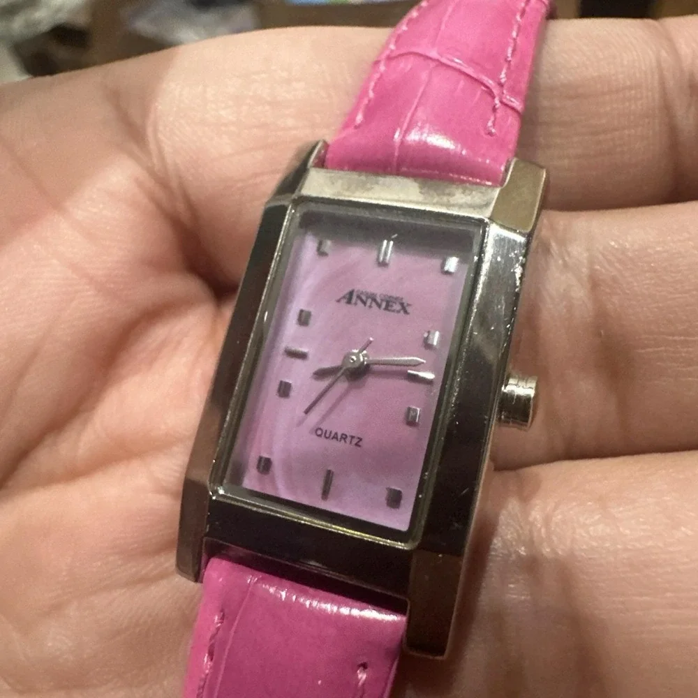 Working ANNEX 19mm MOP Rectangle Pink Leather‎ Quartz Women's Watch New Battery